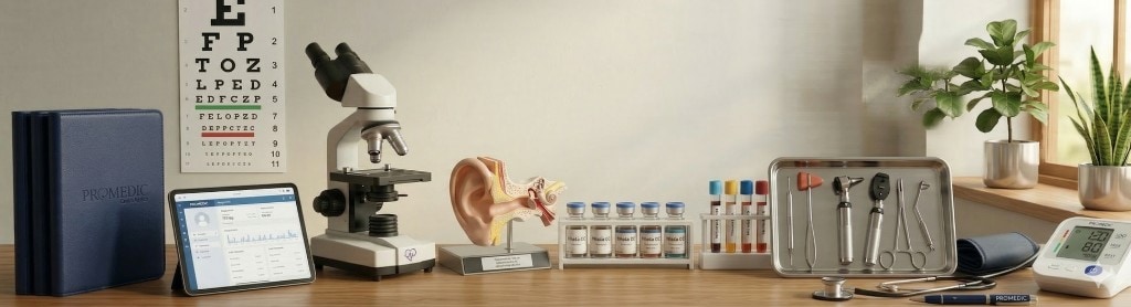 PROMEDIC Centro Médico - Mesa de trabajo con equipamiento médico, logo y especialidades