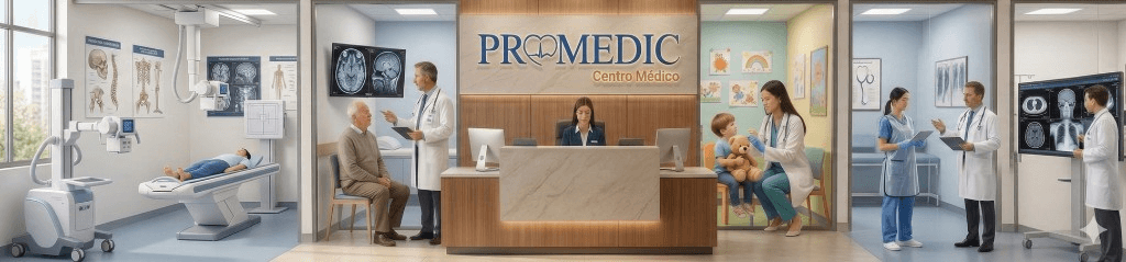 PROMEDIC Centro Médico - Recepción y diversas especialidades: diagnóstico por imágenes, consultorio, pediatría y equipo médico
